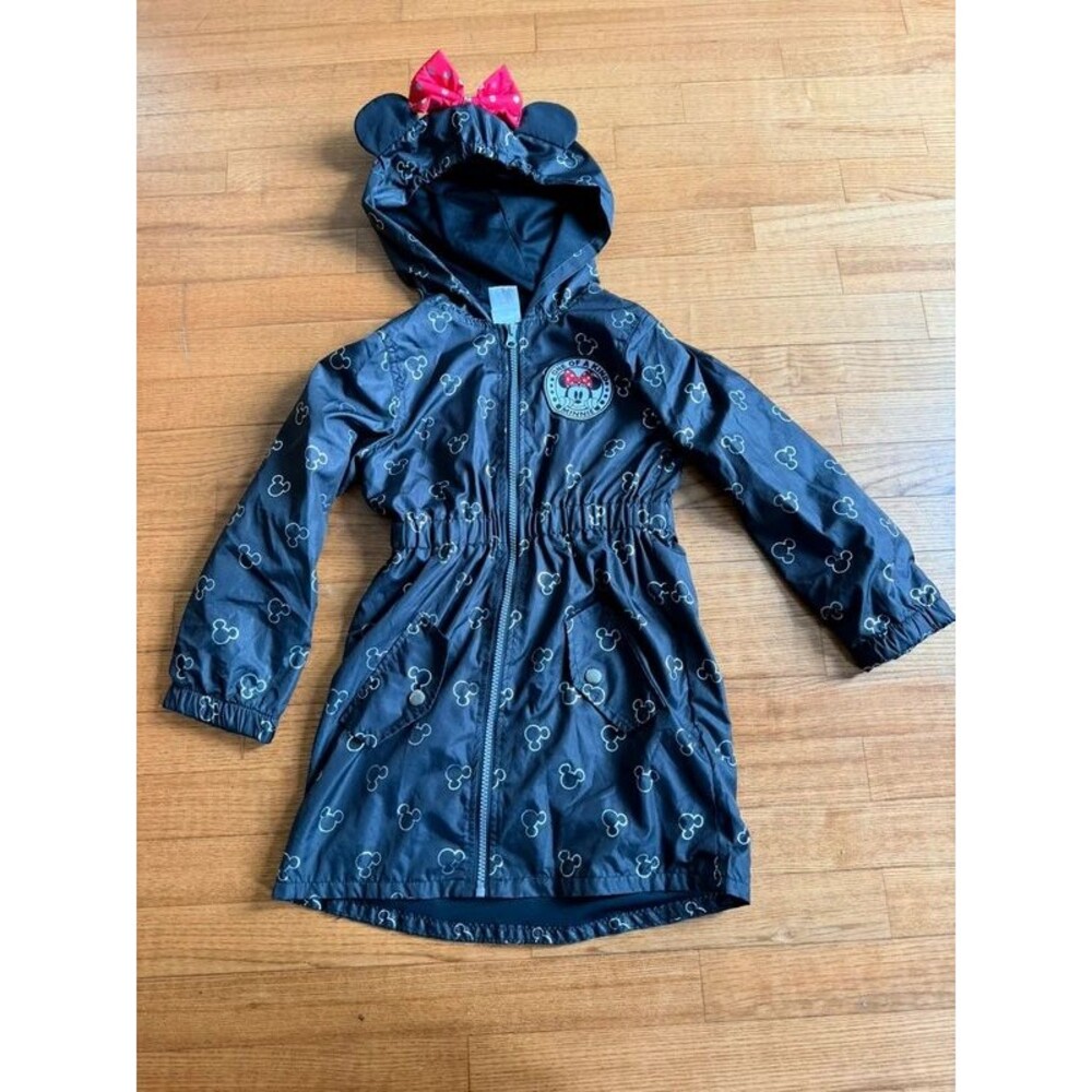 Disney Junior Minnie Mouse Raincoat Jacket Hooded Ears Bow Black Size 6